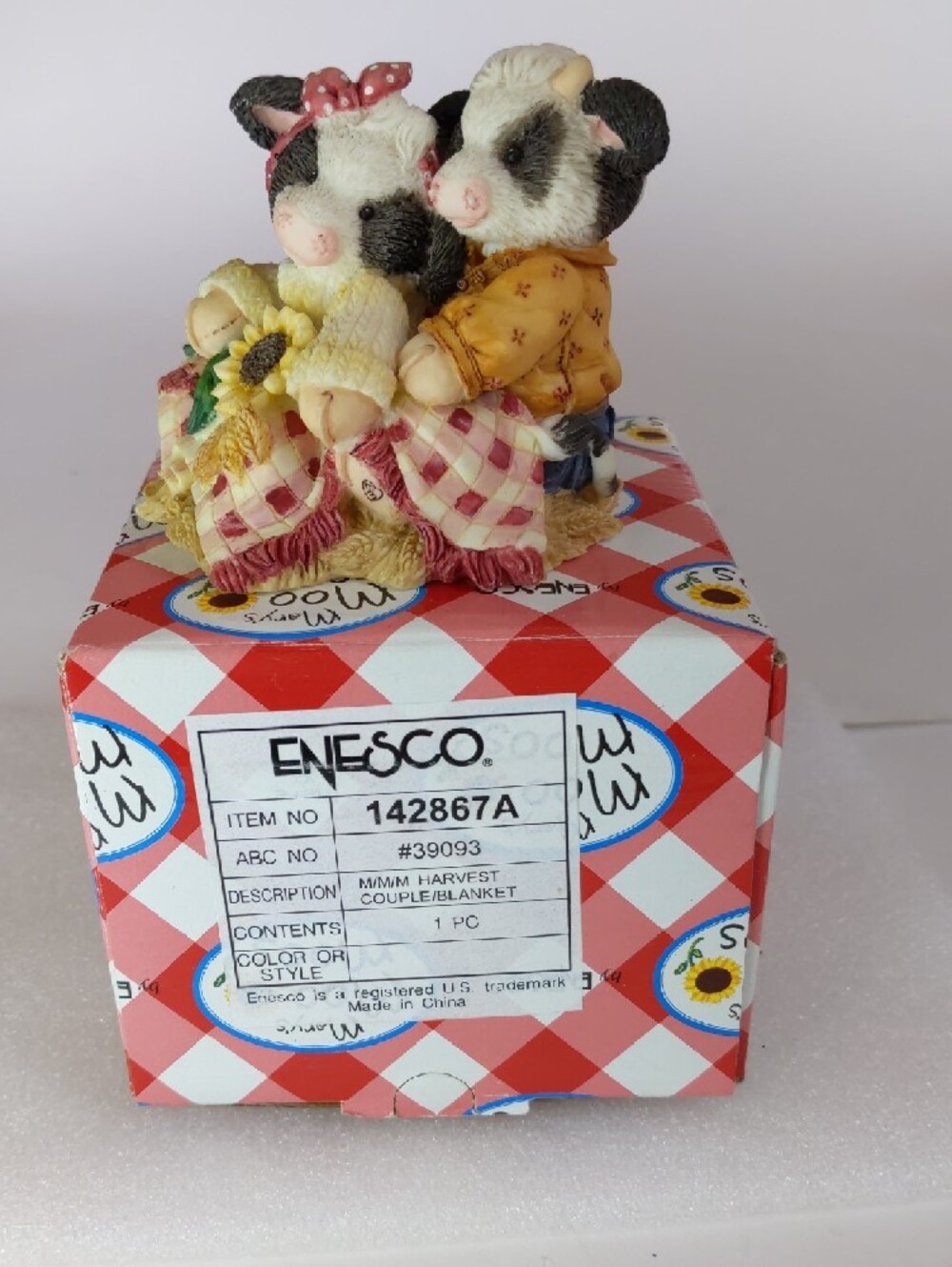Enesco Cow Couple Figurine in Pink, Black & White with Yellow Accents